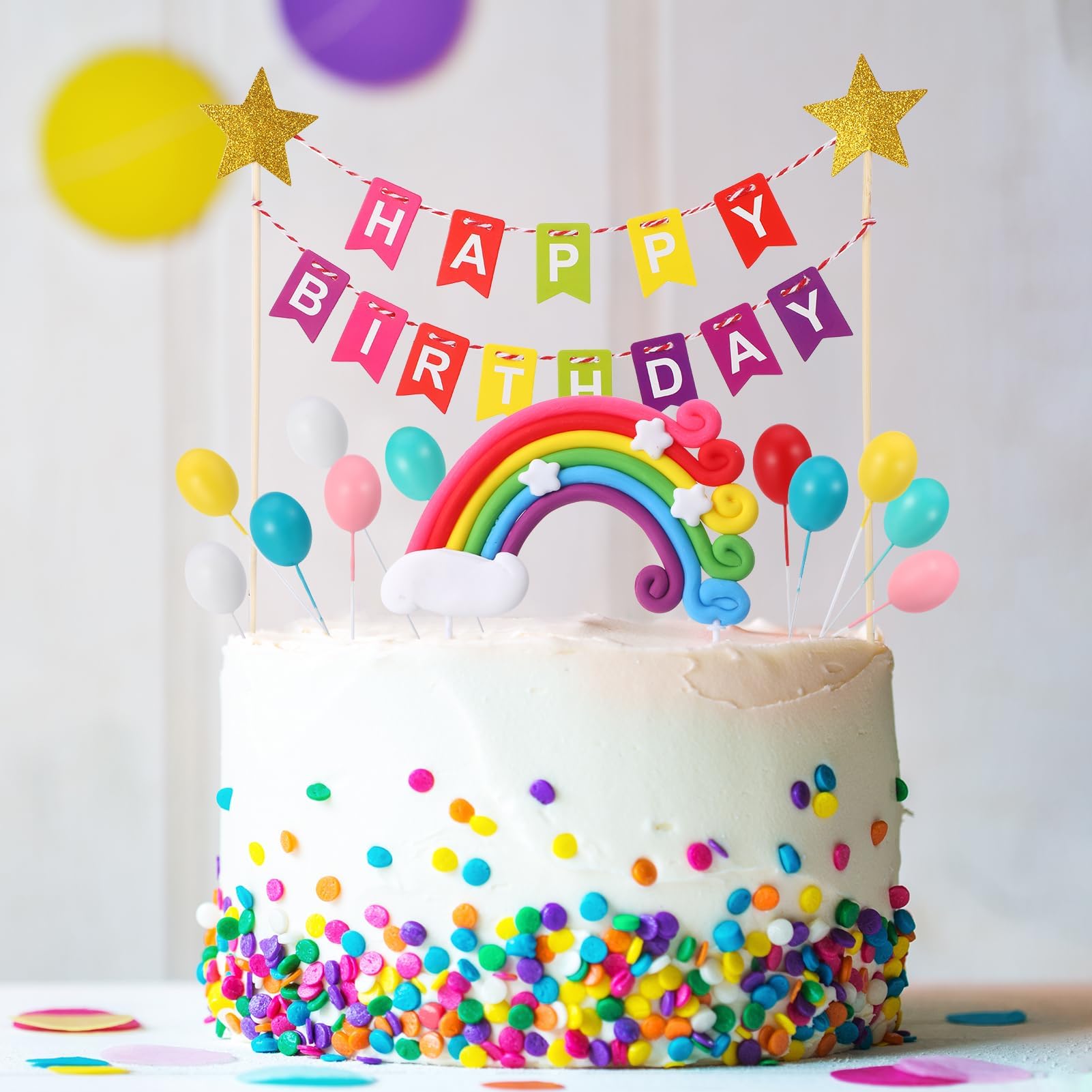 Fuyamp Rainbow Cake Topper Decorations - Happy Birthday Cake Topper Bunting with 12 Pcs Rainbow Cupcake Balloons Ornaments