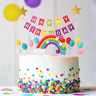 Fuyamp Rainbow Cake Topper Decorations - Happy Birthday Cake Topper Bunting with 12 Pcs Rainbow Cupcake Balloons Ornaments