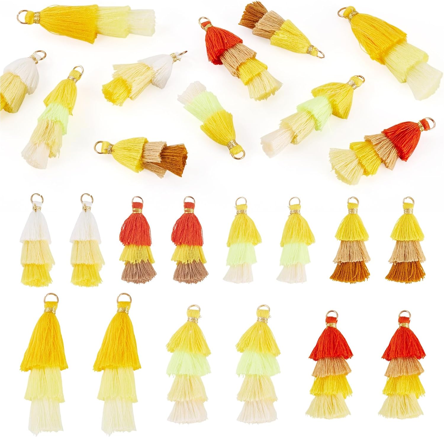 Beadthoven 16Pcs Trii-Layered Keychain Tassels 8 Styles Turquoise Green Soft Thread Craft Tassels Pendants with Golden Jump Ring for Jewelry Making Earrings Bookmarks Purse Bag Decorations
