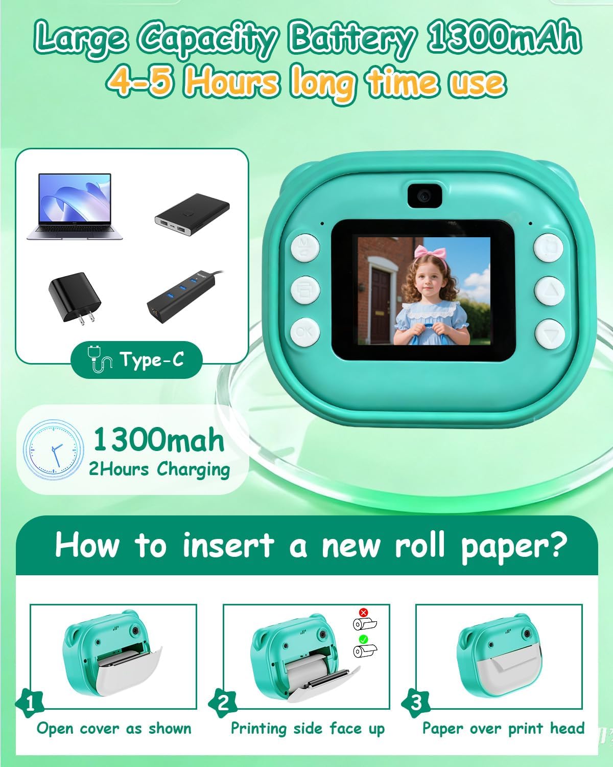 Kids Camera Instant Print,Instant Camera with Silicone Cover,1080P HD Dual-Lens Selfie Digital Cameras with 4 Rolls Paper & 32GB Card,Christmas Birthday Gifts for Toddler Teenagers Age 3-14