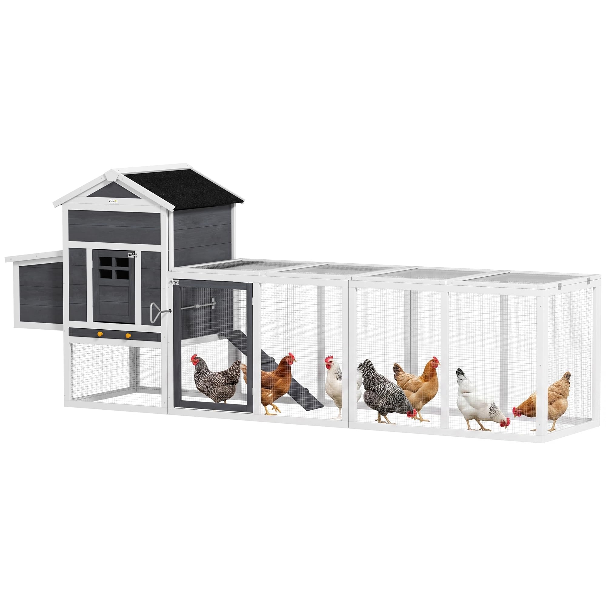 PawHut Gallinero para Exterior 3-6 Gallinas 297,5x68x118 cm Gris y Blanco | Gallinero Grande de Madera, Nido, Corral, Bandeja Extraíble, Techo Asfáltico, Rampa, Puerta con Cerradura, Conejera