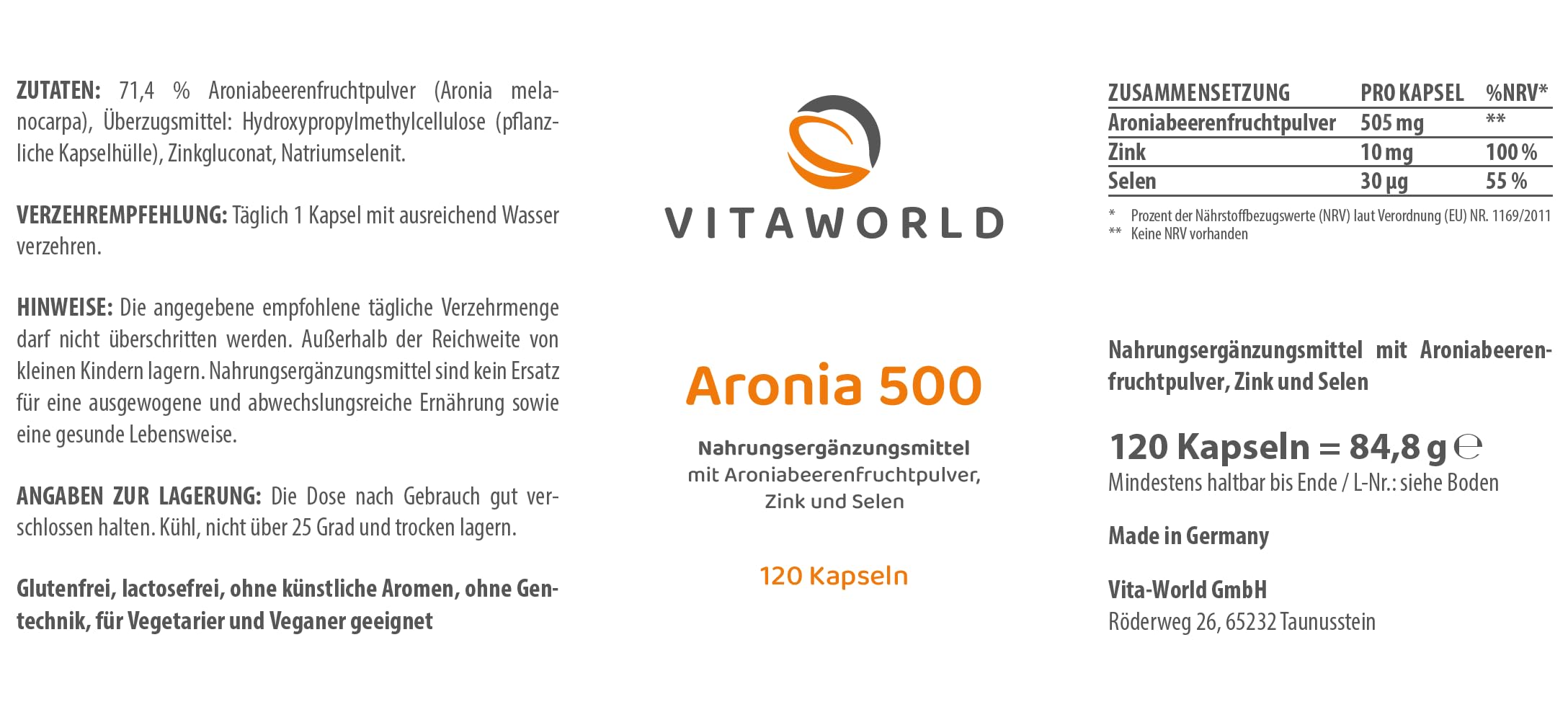 3er Pack Vita World Aronia 500mg 360 Kapseln Apotheker-Herstellung