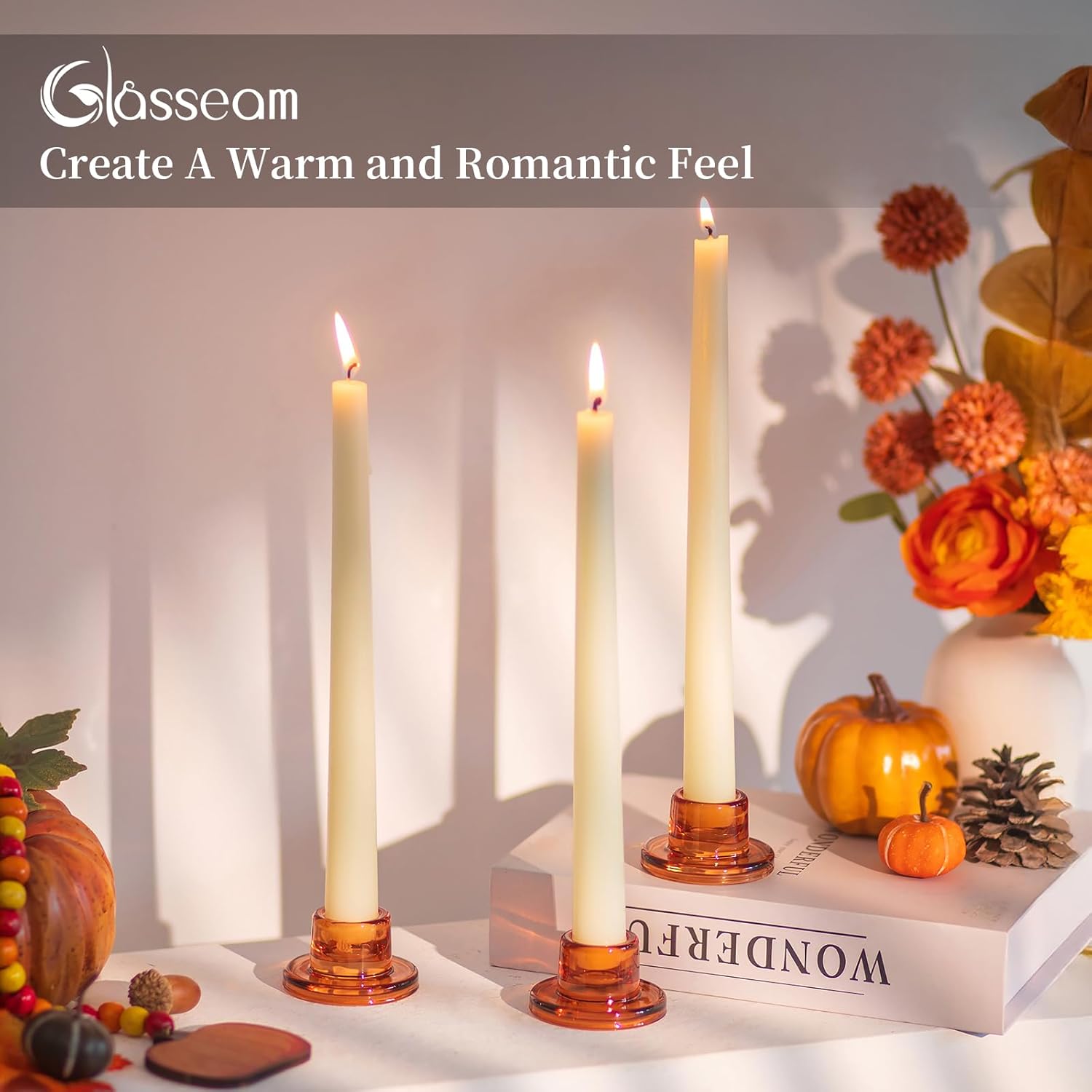 Glasseam Glass Taper Candle Holders: 10Pcs Small Tapered Candlestick Holders Bulk Short Amber Short Candle Sticks Holder Decor for Table Centerpiece Vintage Thanksgiving Christmas Fall Dinner Party - Image 3