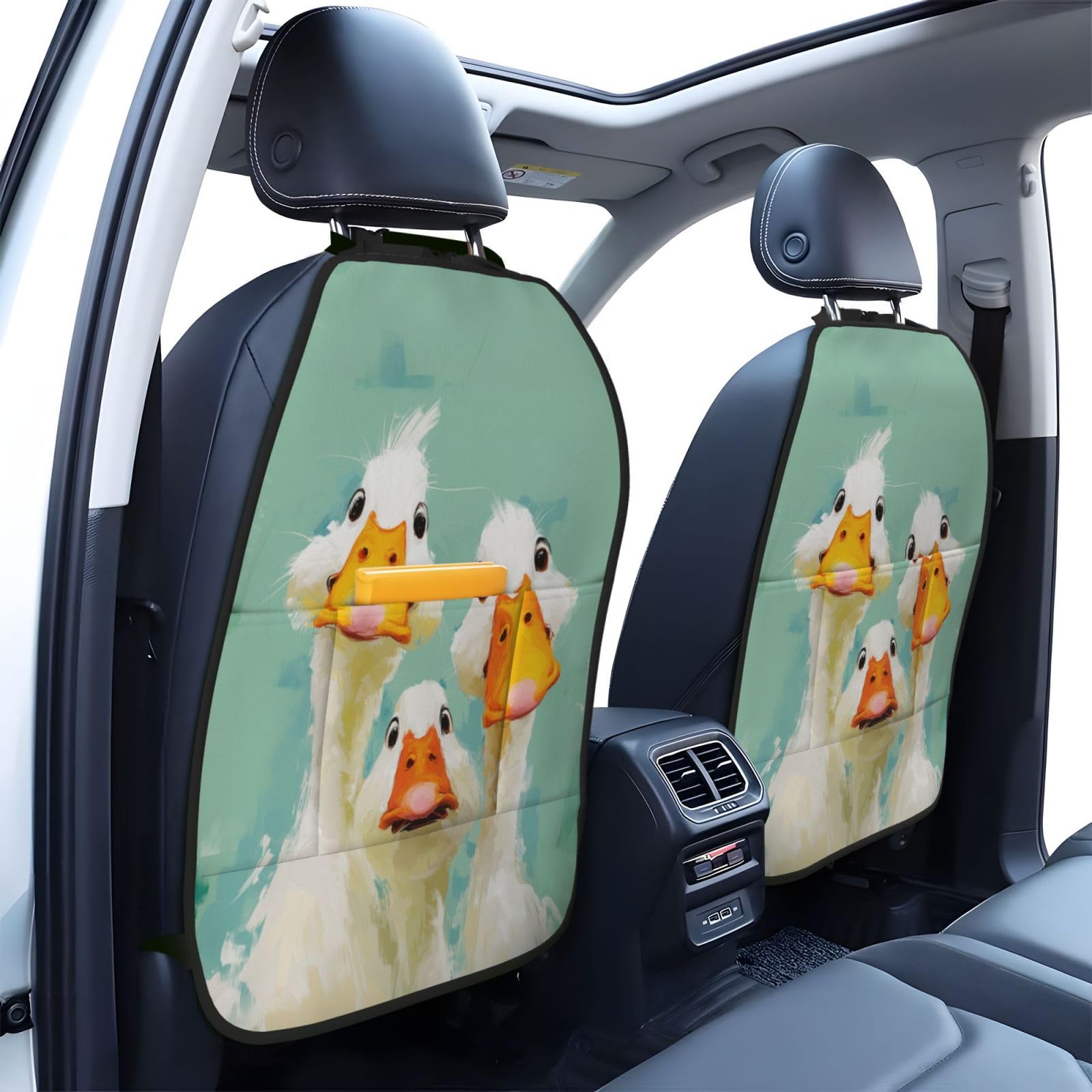 Cute Three White Ducks Car Seat Back Kick Protectors,2 Pack Kick Mats With Storage Pockets For Vehicles To Protect From Dirt Mud Scratches