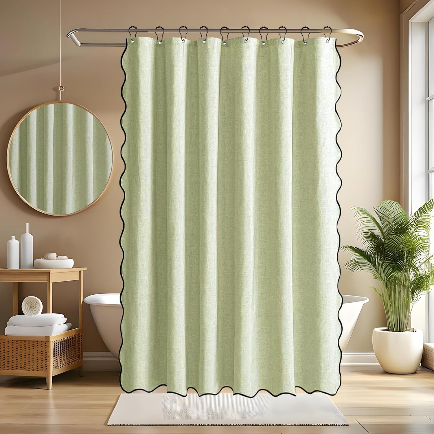 Seorsok Scalloped Design&Black Border Shower Curtain,Linen Textured Shower Curtain with 12 Metal Hooks,Fabric Neutral Thick Cloth,Machine Washable Waterproof Bathroom Decor W72*L72,Grey