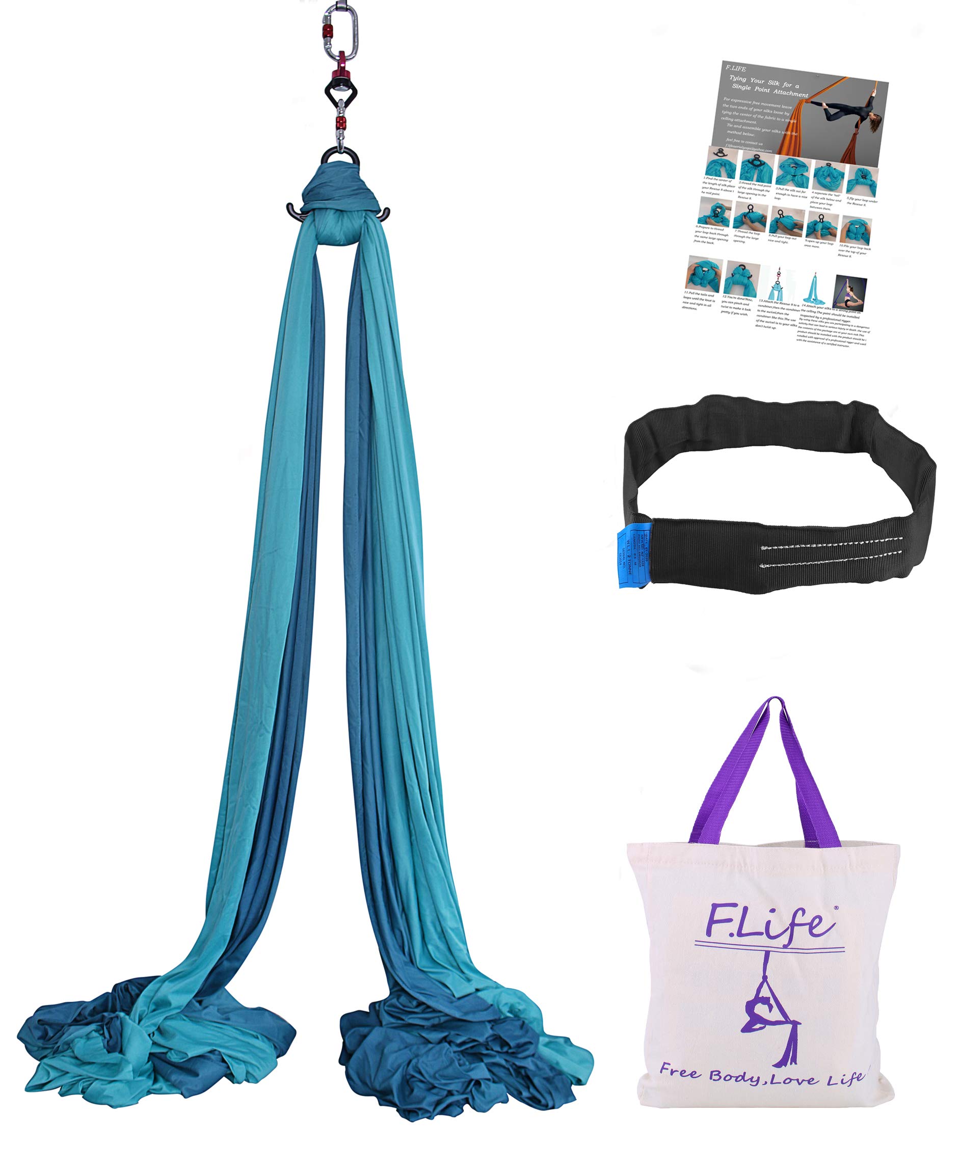 Aerial Silks 9 yards Equipment Hardware kit 60 inch width Low Stretch for Aerial Yoga Acrobatic Dance Air Yoga Hammock beginer (9 yards, Blackish Green Aqua)