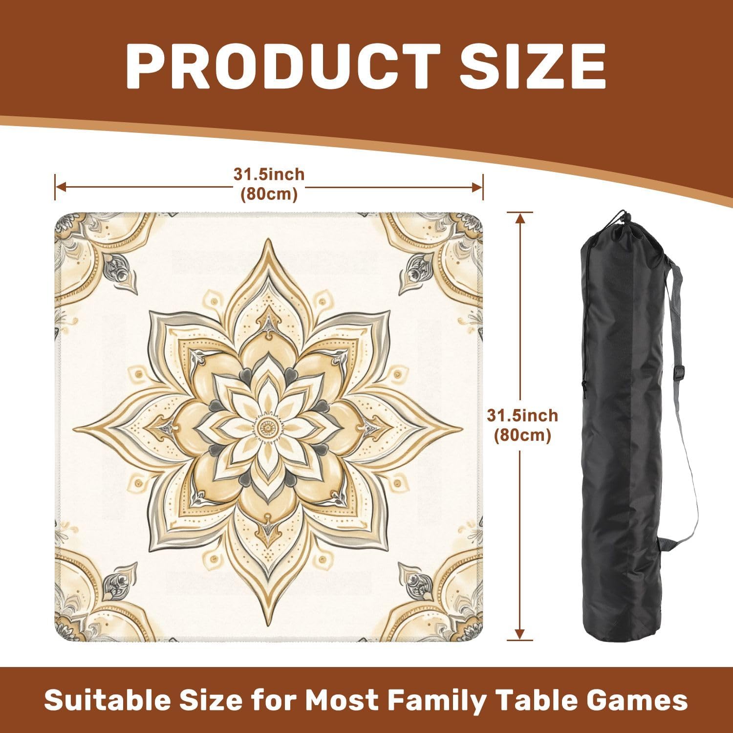 Mahjong Mat with Carrying Bag 31.5" x 31.5" Non-Slip Noise Reduction Golden Beige Mandala Floral Intricate Symmetrical Design Table Mat for Mahjong Poker Dominoes Card Board Tile Games