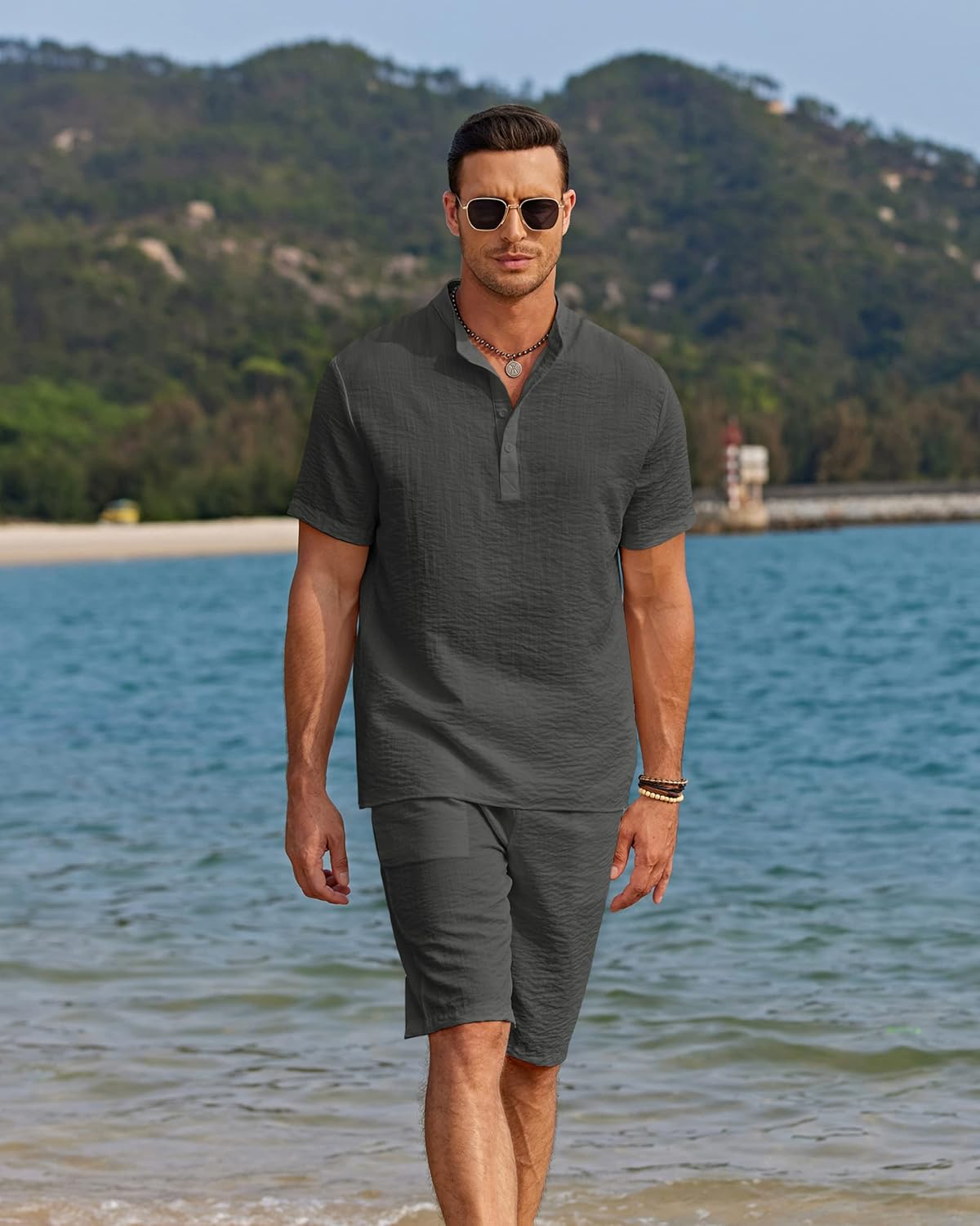 COOFANDY Men's 2 Pieces Linen Set Casual Henley Shirts Short Sleeve Beach Yoga Shorts Summer Pants Outfits - Image 6
