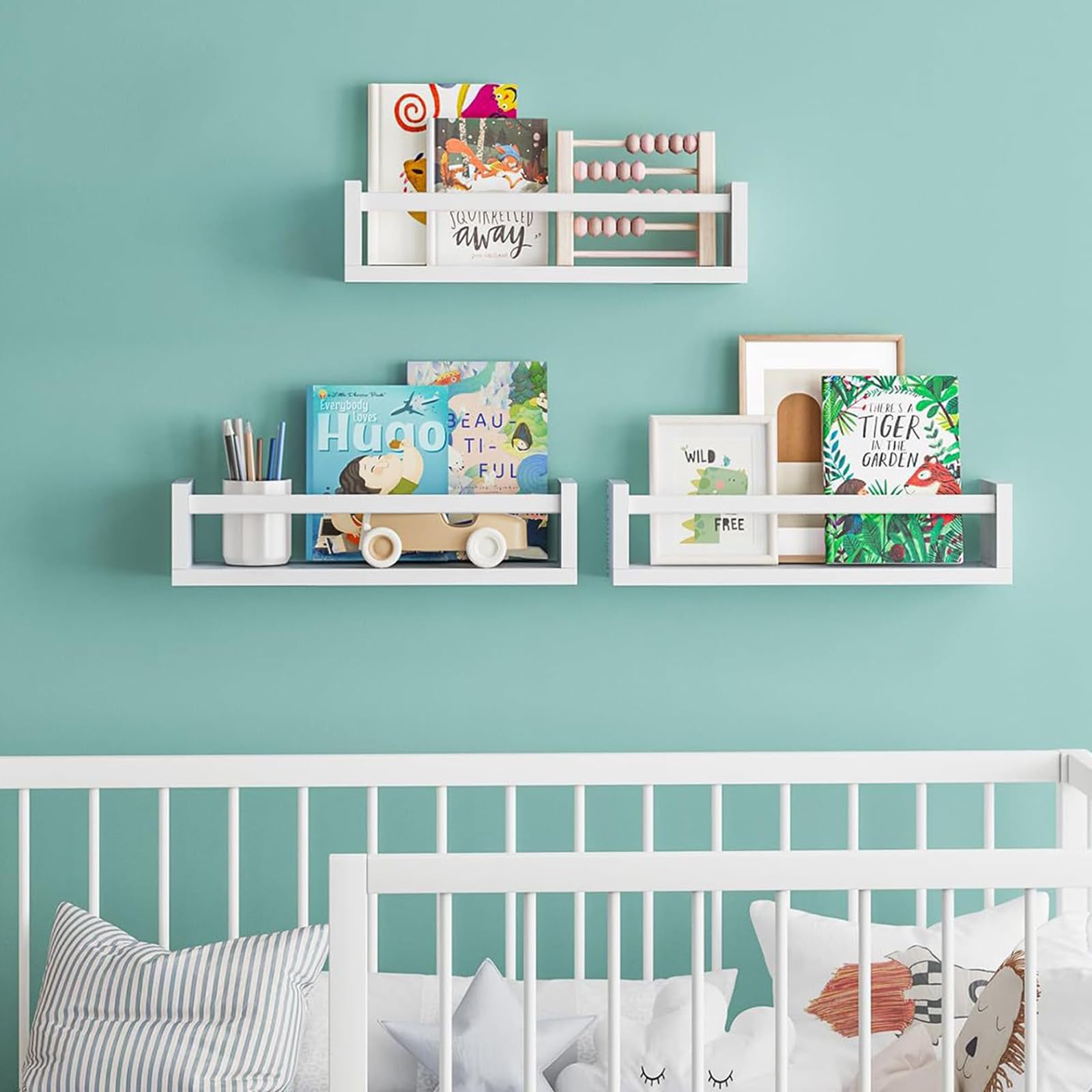 Estantería Infantil Juego de 3 Piezas Estantería Flotante de Pared para organizar Libros y Juguetes, Estante Expositor Colgante para Dormitorio, salón y habitación Infantil (Blanco)