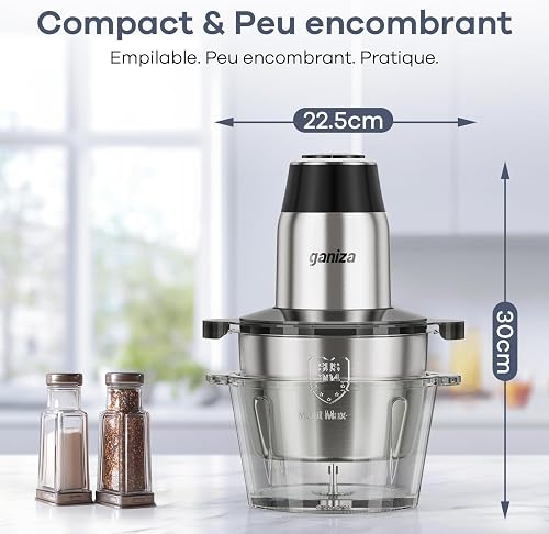 Ganiza Hachoir de Cuisine Électrique 500W, Robot Hachoir avec 2 Bols 1,8L + 1,8L, 2 Doubles Lames, 2 Vitesses, Mini Hachoir Électrique pour Viande, Légumes, Noix - 7