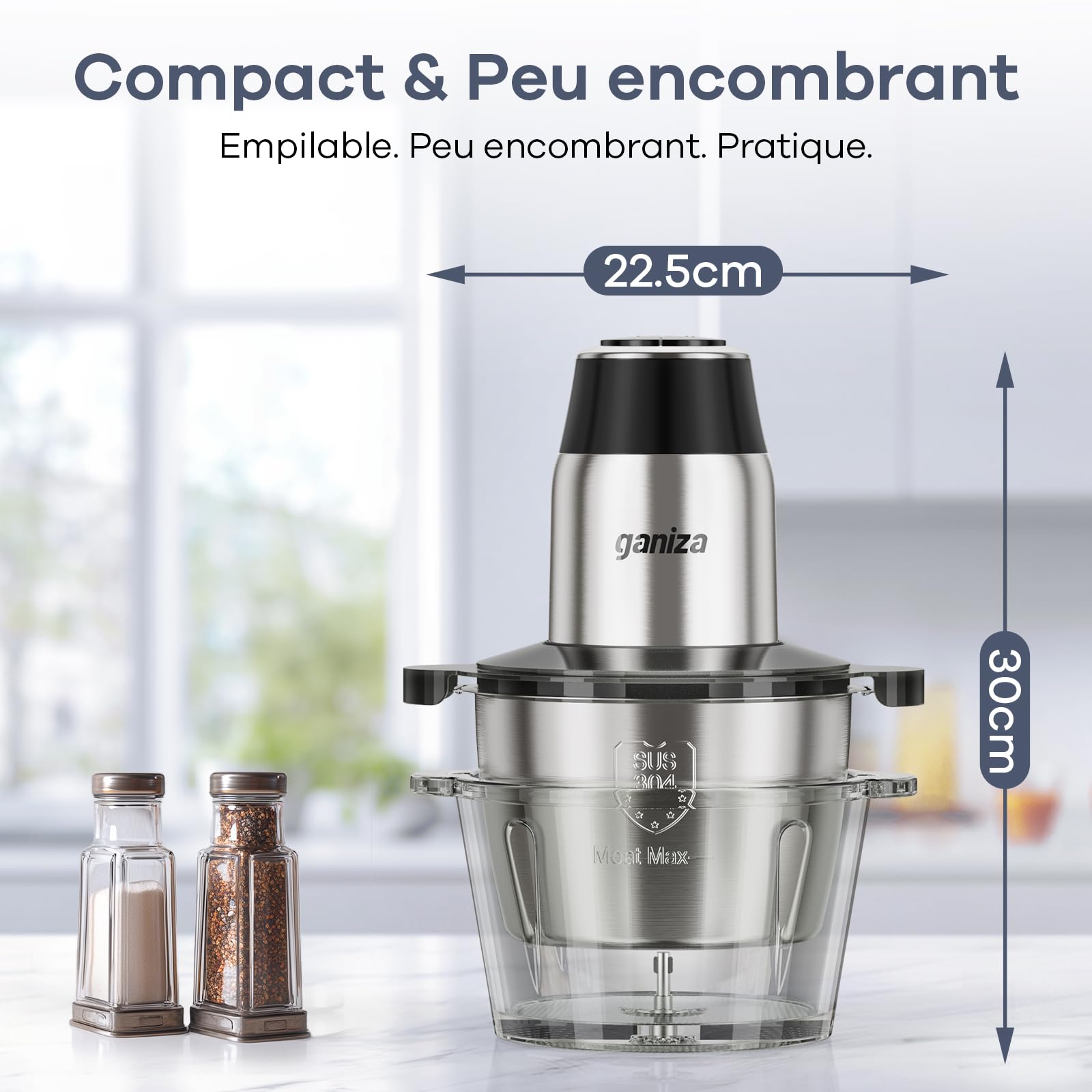 Ganiza Hachoir de Cuisine Électrique 500W, Robot Hachoir avec 2 Bols 1,8L + 1,8L, 2 Doubles Lames, 2 Vitesses, Mini Hachoir Électrique pour Viande, Légumes, Noix