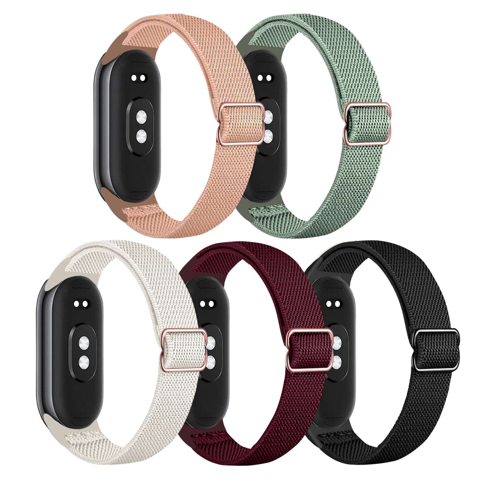 3er Set Nylon-Armbänder Für Xiaomi Smart Band 8 – Elastisch, Verstellbar, Atmungsaktiv In Schwarz, Sternlicht & Olivgrün