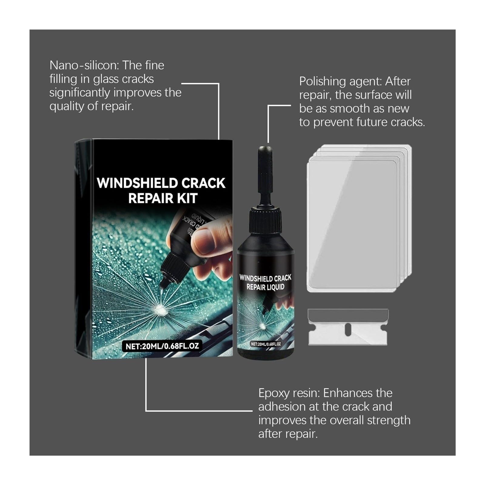 Universelles Auto-Windschutzscheiben-Reparaturset mit Nano-Flüssigkeit(5 Set 20ml)