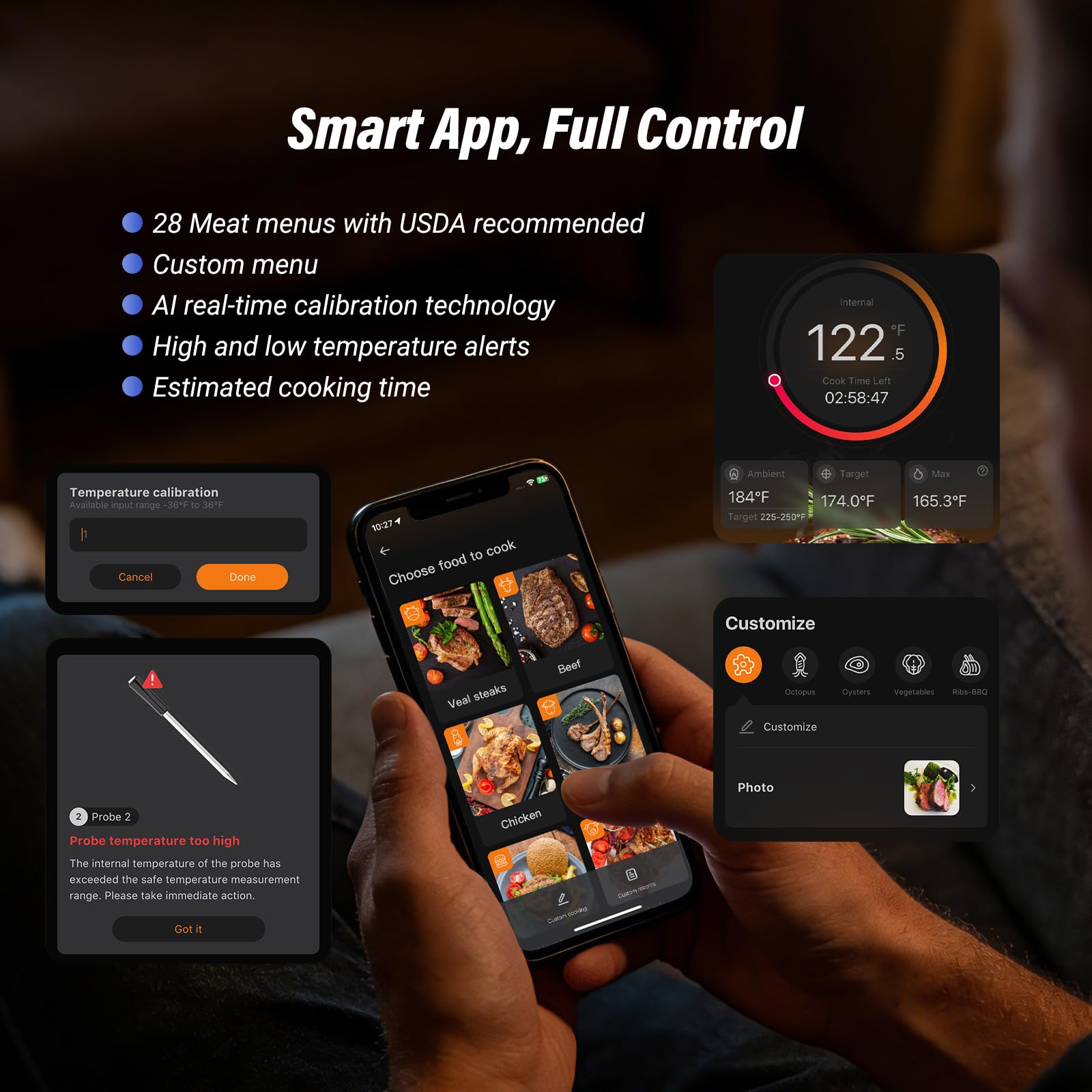 Termómetro inalámbrico para carne con WiFi 5G y Bluetooth 5.4, 3 sondas, 5 sensores, termómetro inteligente para carne con calibración en tiempo real AI, datos fuera de línea de 120 minutos