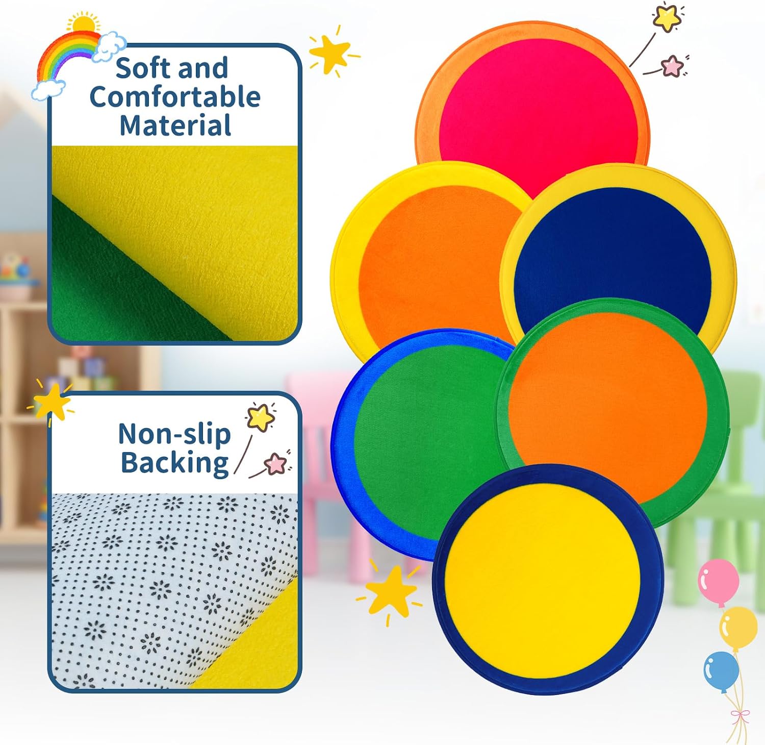 STARUIA 6 Pcs 16 Inch Circle Time Rug Kids Carpet Seats Classroom Playroom Rugs, Floor Cushions for Round Rug, Soft Colorful Non Slip Home School Story Time Group Activity Learning Playing Areas