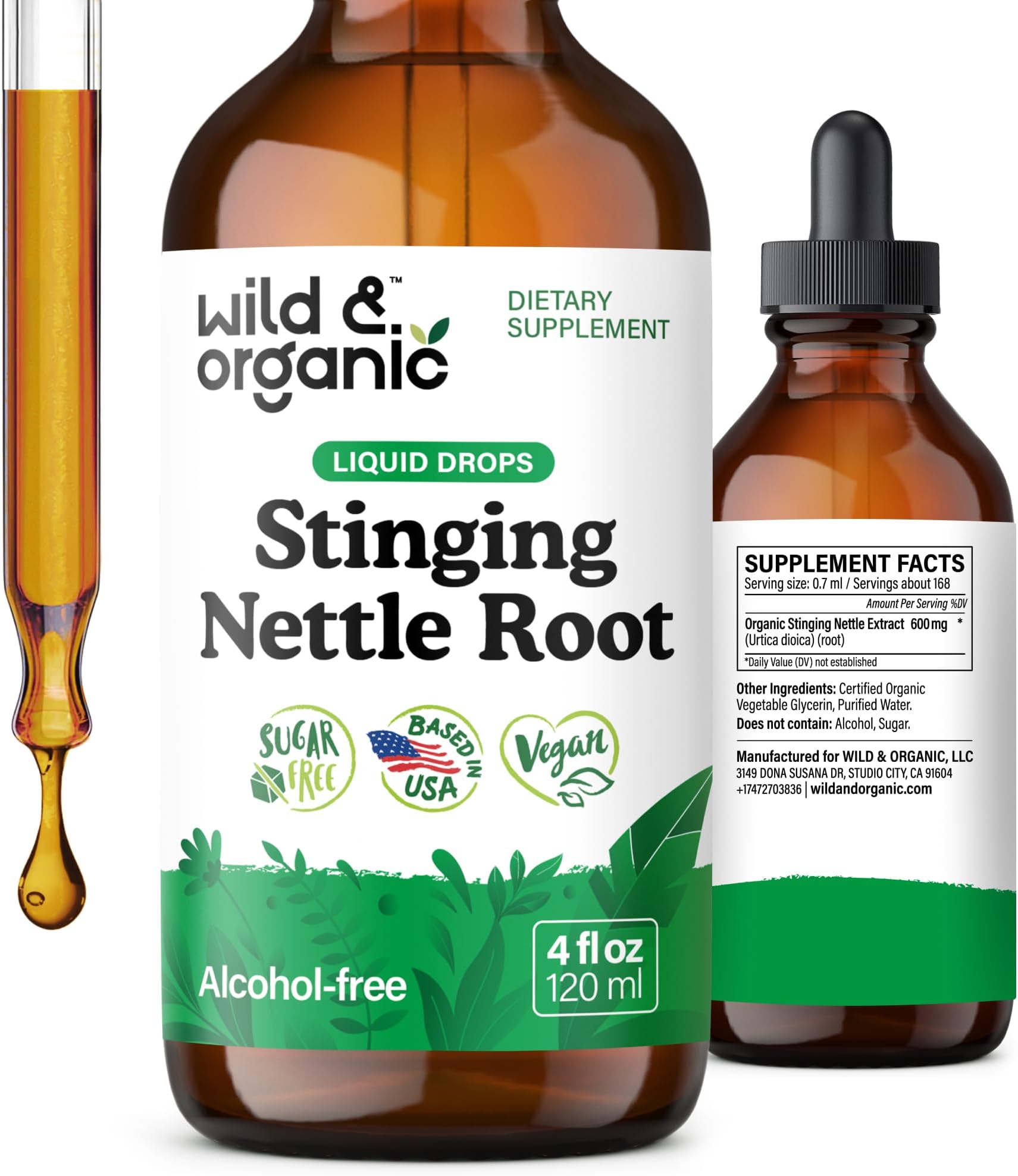 Wild & Organic Stinging Nettle Root Extract Drops - Urinary Support - Stinging Nettle Tincture for Men & Women - Add to Tea - Liquid Urtica Dioica Supplement - Vegan, Sugar & Alcohol-Free - 4 fl oz