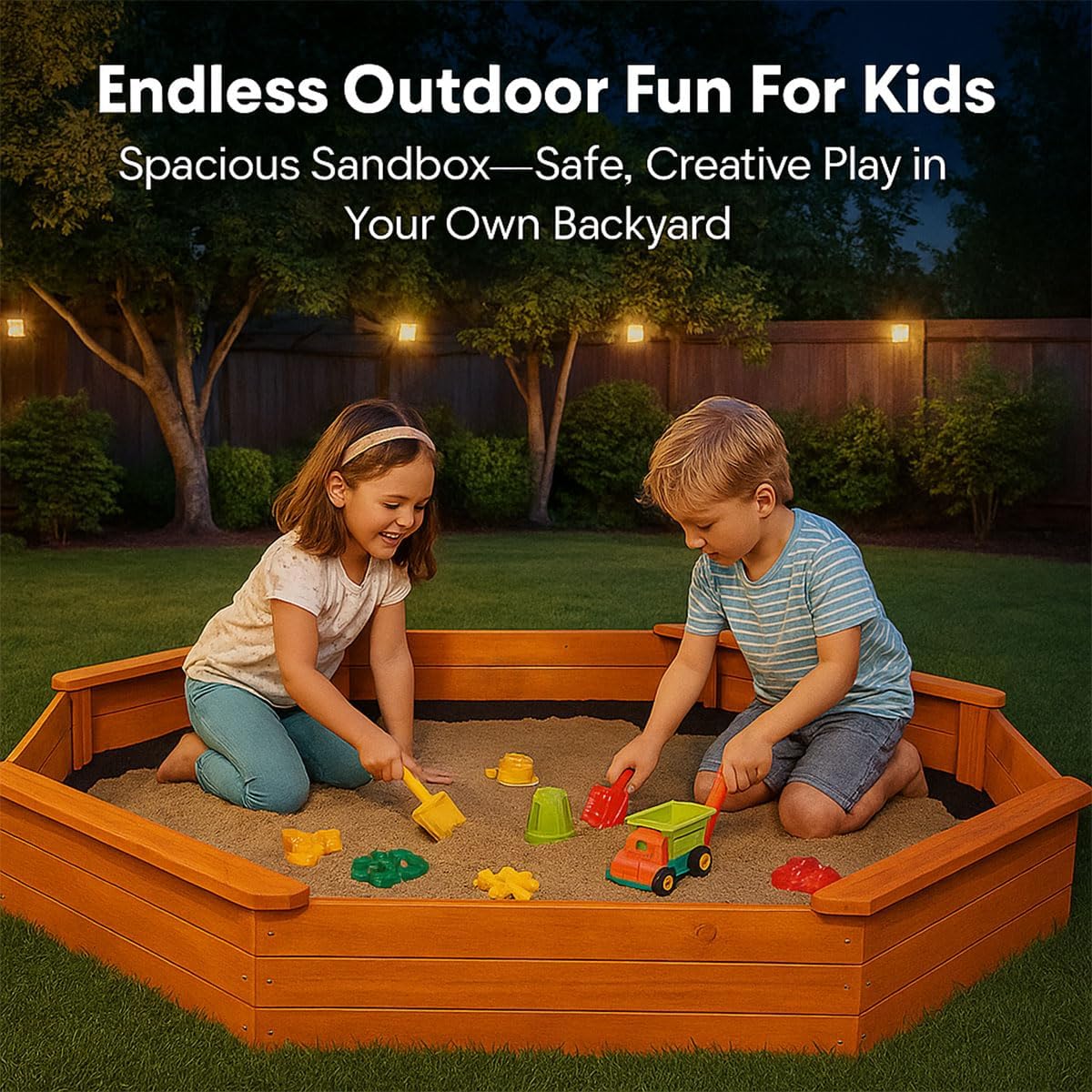 85"x78" Octagon Wooden Sandbox with Waterproof Cover & Liner, Large Outdoor Sandpit with Benches, Fir Wood Sand Box for Kids Backyard Play, Weather-Resistant, Natural