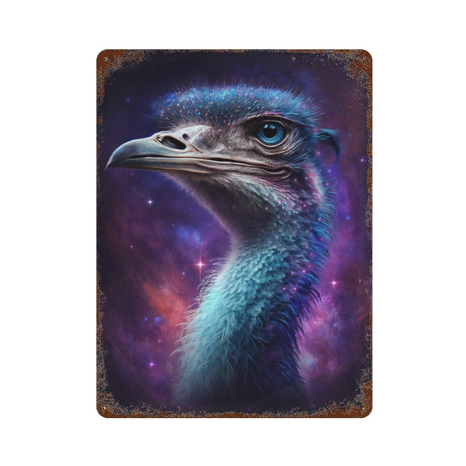 Cosmic Ostrich Portrait Aged Metal Wall Plaque 15.7"x11.8", for Basement, Hobby Room And Garage Decor, Rustic Home Decor