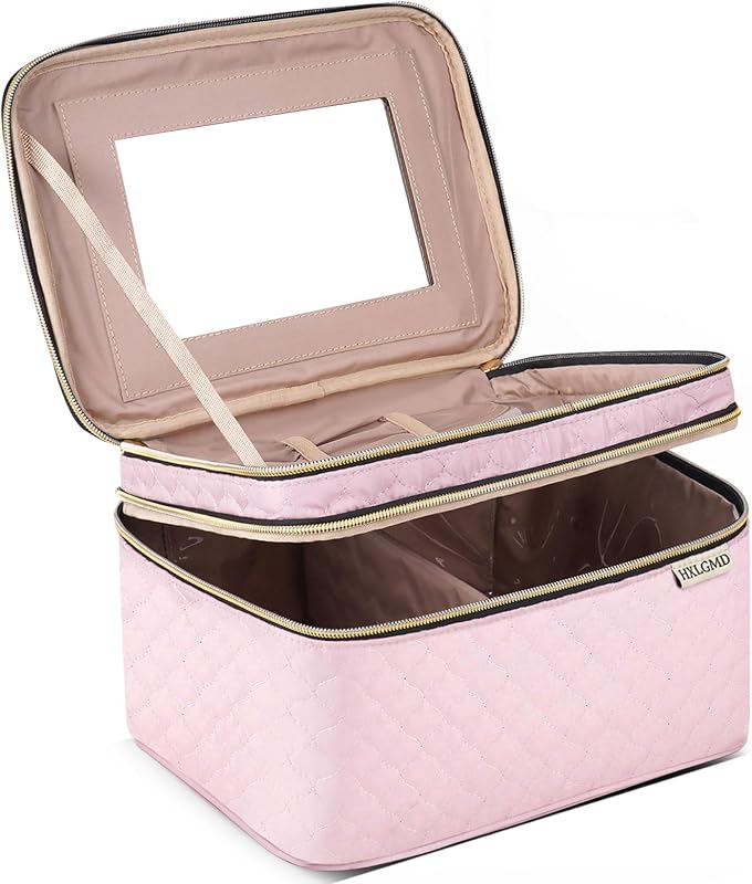 Necessaire de maquiagem HXLGMD rosa com espelho LED, compartimento duplo e divisórias, Pacote com 1