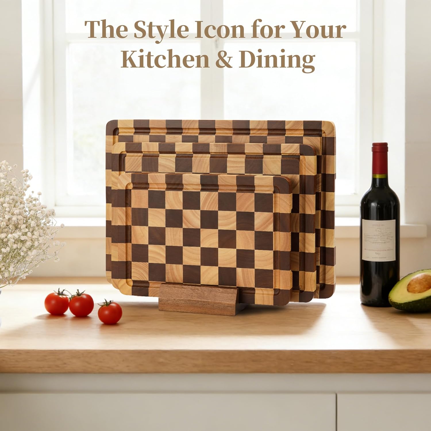 Checkered Cutting Board Set for Kitchen - 3 PCS Solid Wood End Grain Checkerboard Chopping Board with Holder & Juice Groove, Wooden Cutting Boards for Meat, Vegetables, Fruits (S, M, L)