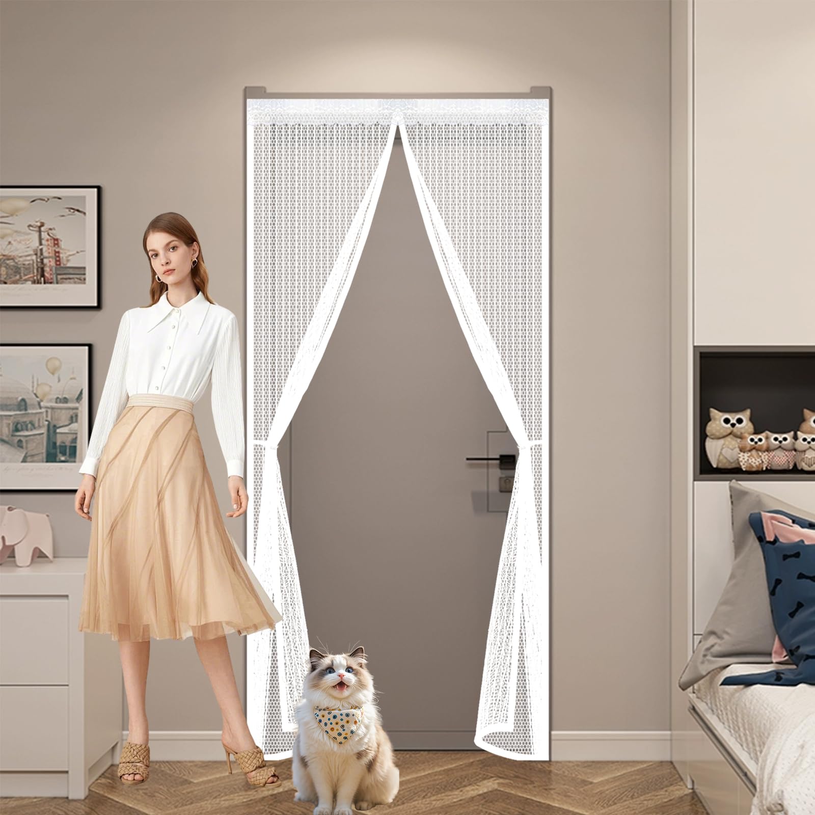 Fly Screen Door 170 x 264 cm Keep Bugs Out, Full Frame Magic Tape, Powerful Magnets, Self Sealing, No Drill Installation, Insect Protection Door for Balcony Bedroom Doors, White