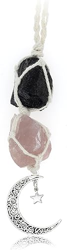 Boho Garden - Dije colgante para automóvil, Turmalina negra y cuarzo rosa, Luna colgante, accesorios de cristal curativo, decoraciones para espejo