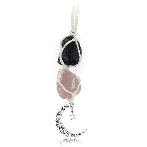 BOHO GARDEN Hanging Car Charm - Black Tourmaline & Rose Quartz - Dangling Moon, Healing Crystal Accessories, Rearview Mirror Decorations - Grounding, Confidence, Protection, Love, Self-Worth, Energy - Tourmaline-rose Quartz