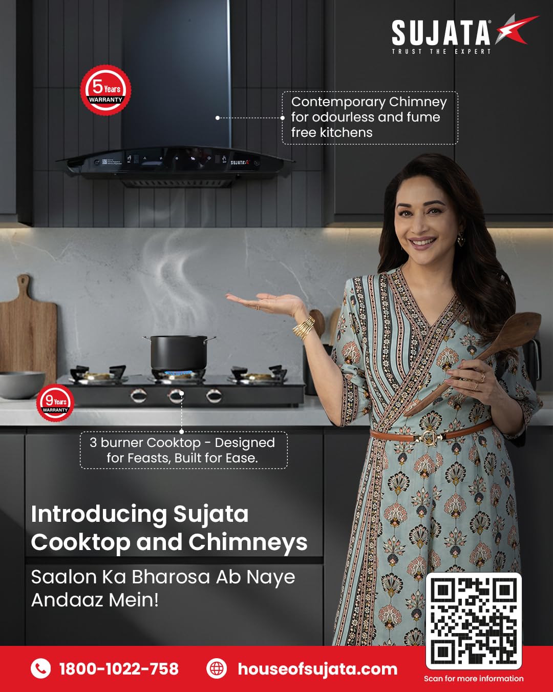 Sujata Gas Stove - 3 Burner Glass Top - 9 Year Warranty -3