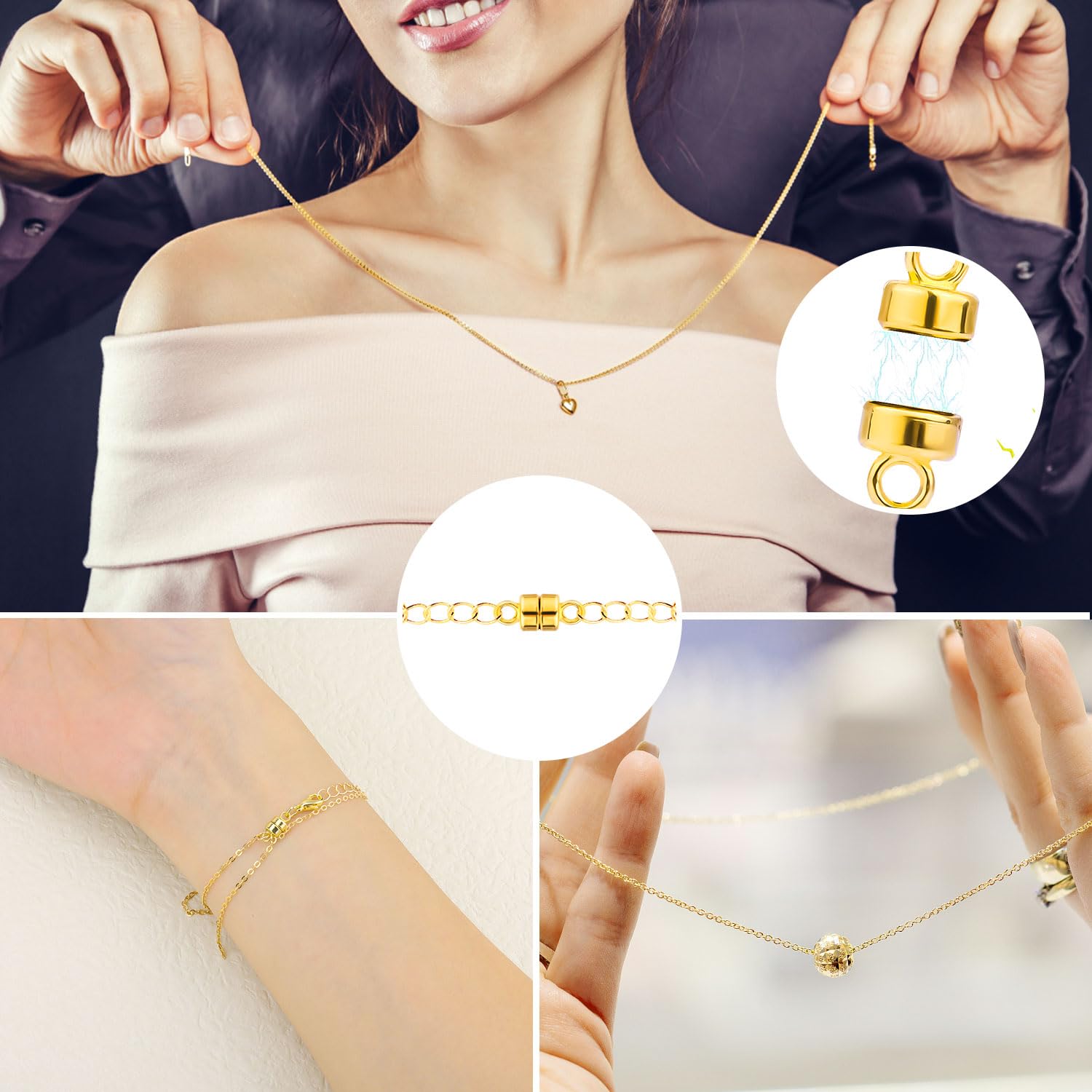 12 Fermoirs Magnétiques Pour Bijoux - Or Et Argent - Double Sécurité Mousqueton + Aimant