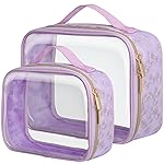 PACKISM Floral Texture Lace TSA Approved Toiletry Bag 1 Large 1 Medium - 2 Pack 180 Large Opening Clear Makeup Bags, TSA Clear Toiletry Bag with Handle, 0.5 mm Thick Non-deformable No Smell, Purple