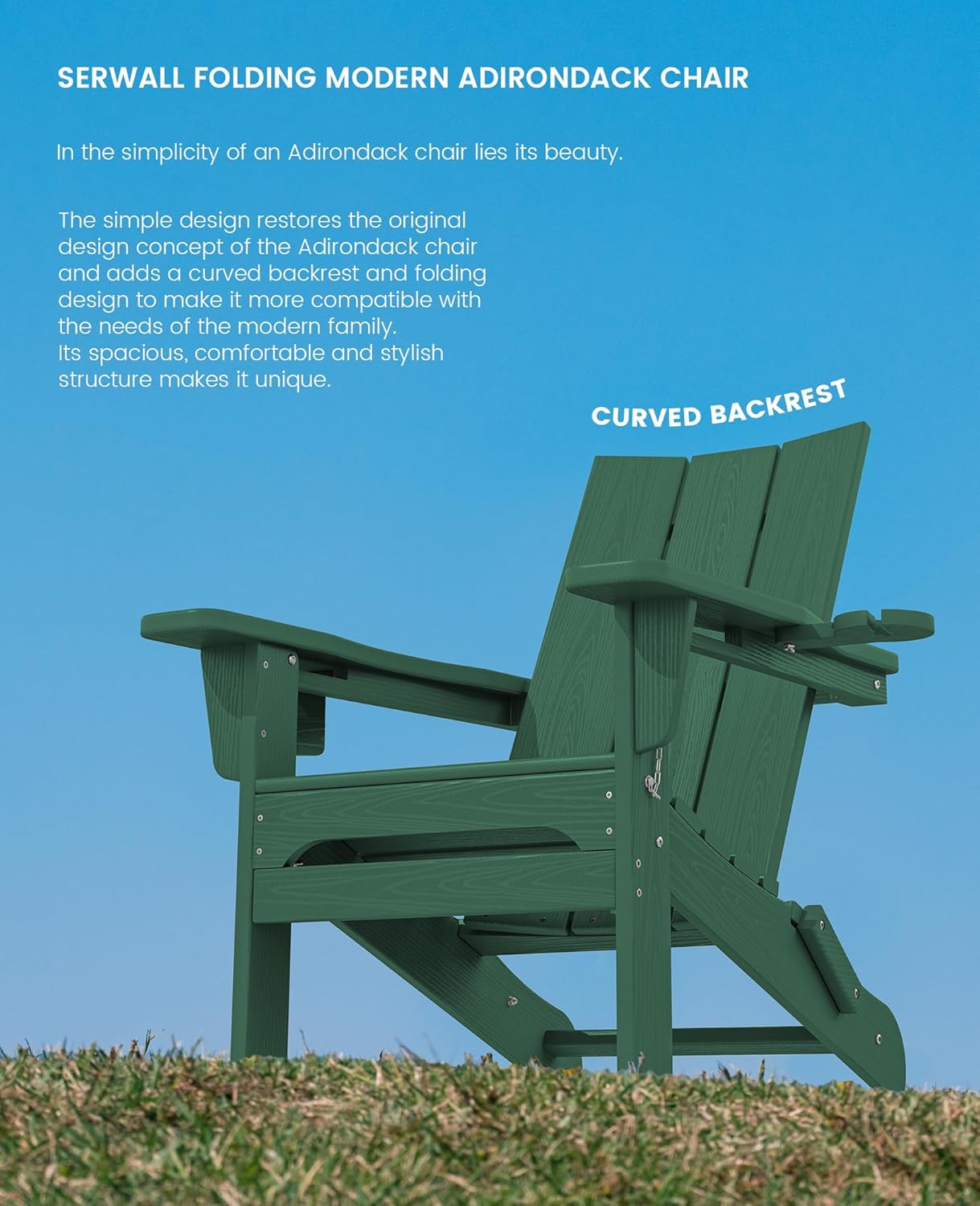 SERWALL Modern Adirondack Chair Set of 2, Folding Adirondack Chair with Cup Holders, Fire Pit Chairs, Lawn Chair for Patio Garden, Green