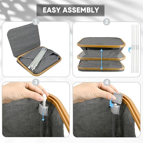 Miniatura 5 de BALEINE Cesta de lavandería con tapa, cestas altas para la ropa sucia con asas de bambú, contenedor grande para la ropa sucia con soporte interno