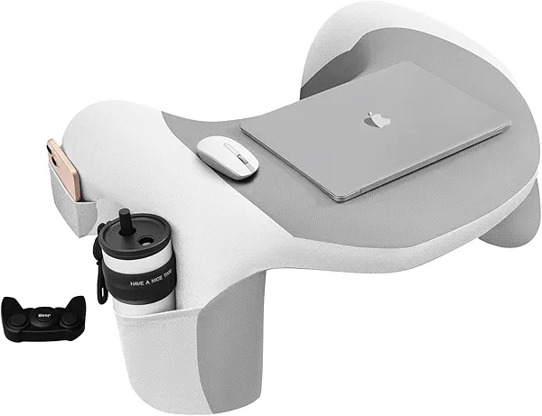 Laptop Lap Desk, Reading Pillow for Bed, Memory Foam Arm Rest Support Gaming Pillow with Cup/Phone Pocket, Laptop Lap Desk for Working, Gaming, Reading on Couch Bed Floor- White