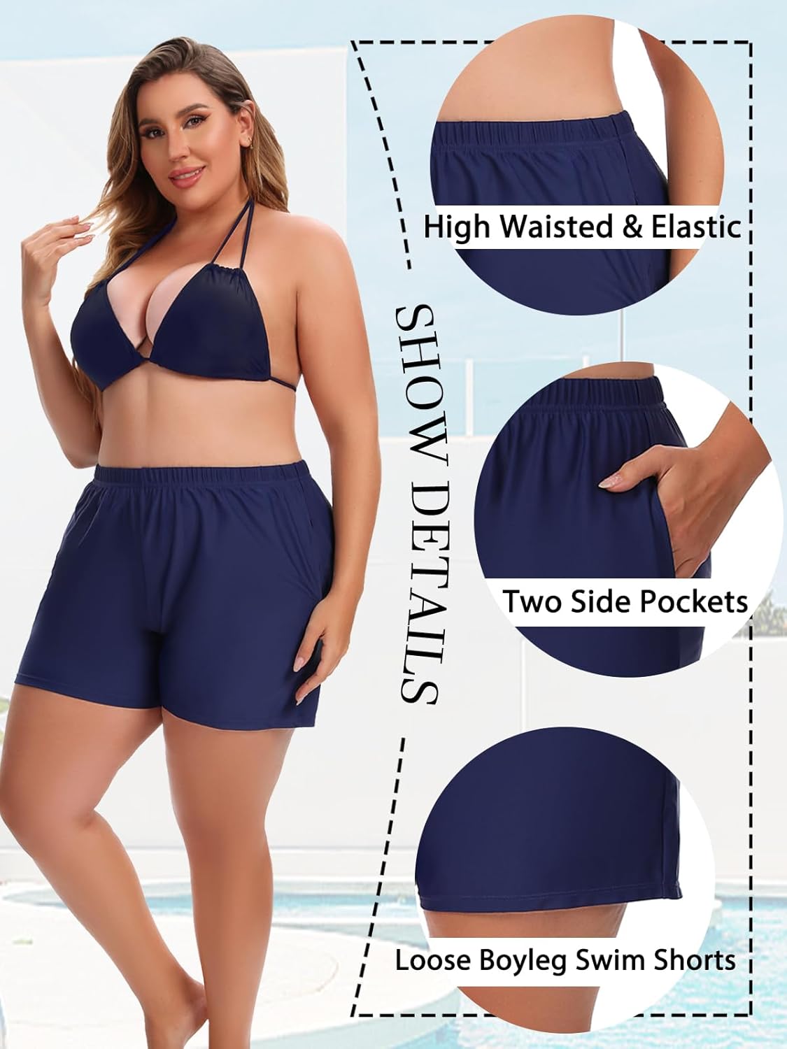 Women's Plus Size Swim Shorts High Waisted Bathing Suit Bottoms Long Swimsuit Board Short Tankini Trunks with Pocket - Image 3