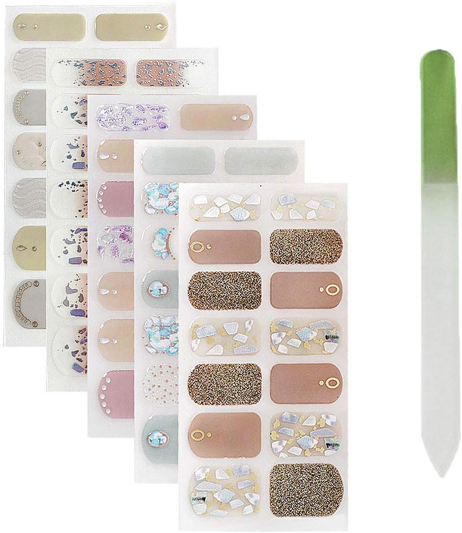 SIUSIO 70 Pcs 5 Sheets Full Nail Wraps Pure Color Nail Polish Strips Stickers Glitter DIY Nail Art Sticker with 1PCS Crystal Glass Nail Files Christmas Nail Wraps for Women and Girls