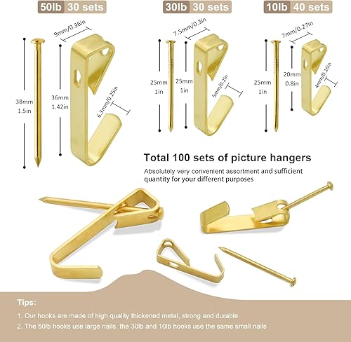 Miniatura 9 de Hoeine Juego de 200 ganchos para colgar fotos, 3 tamaños, incluye ganchos para colgar cuadros de 10 libras, 30 libras, 50 libras, ganchos
