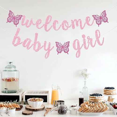 Miniatura 4 de Banner de bienvenida para niña, pancarta de mariposa para bebé, decoraciones de baby shower para niña (rosa)