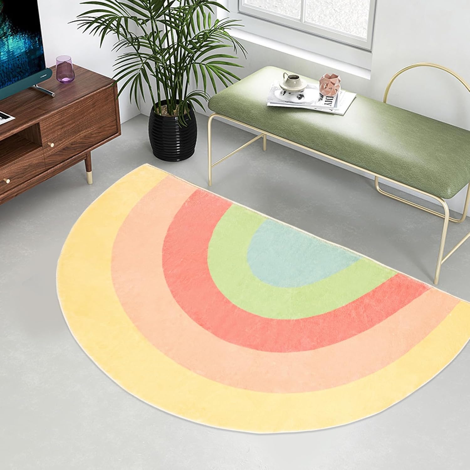 Kids Rug Half Circle Rainbow Bedroom Carpet 5Ft Cartoon Floor Mat for Boys Girls Colorful Bathroom Rug Living Room Area Rug Sofa Cushion Nonslip Washable Doormat, 31.5"x63", Yellow