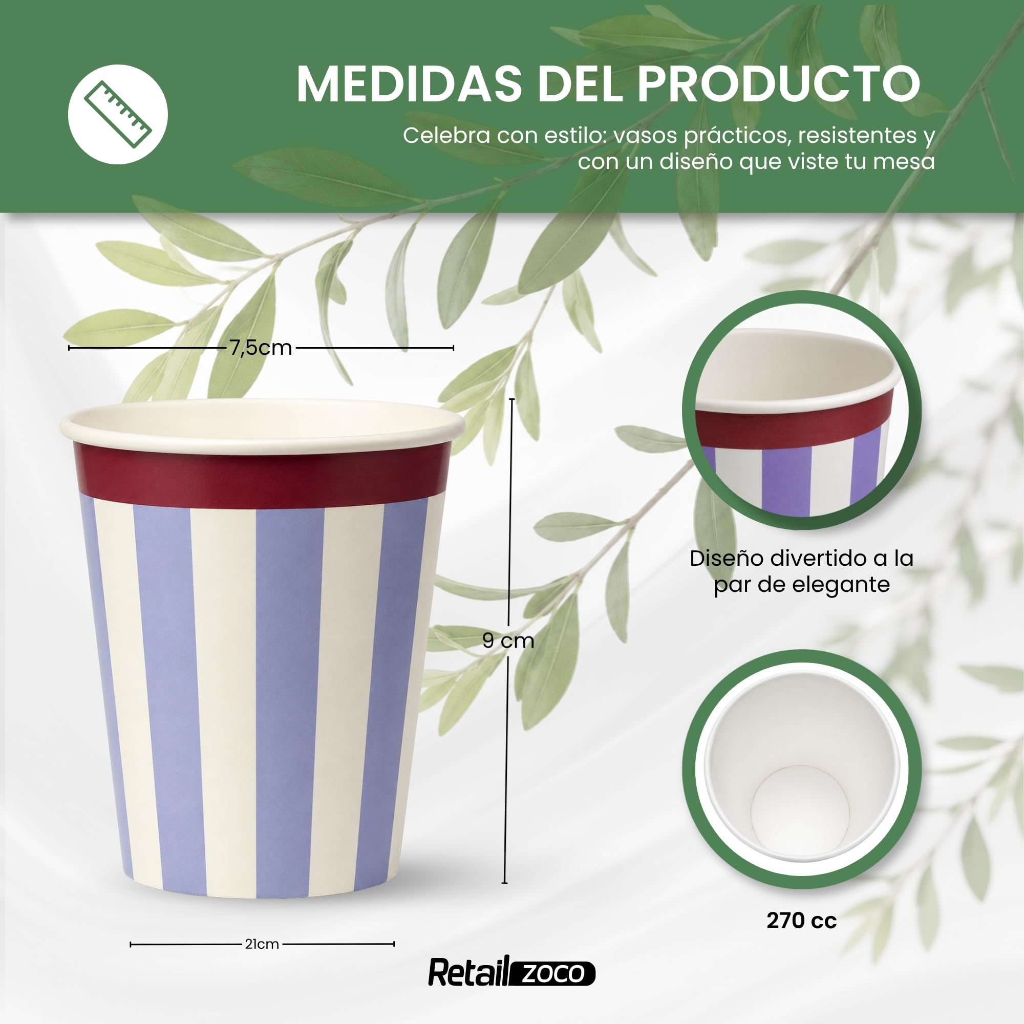 Vasos de cumpleaños, Vasos Desechables cartón, Diseño Rayas, 6 Unidades - imagen 4