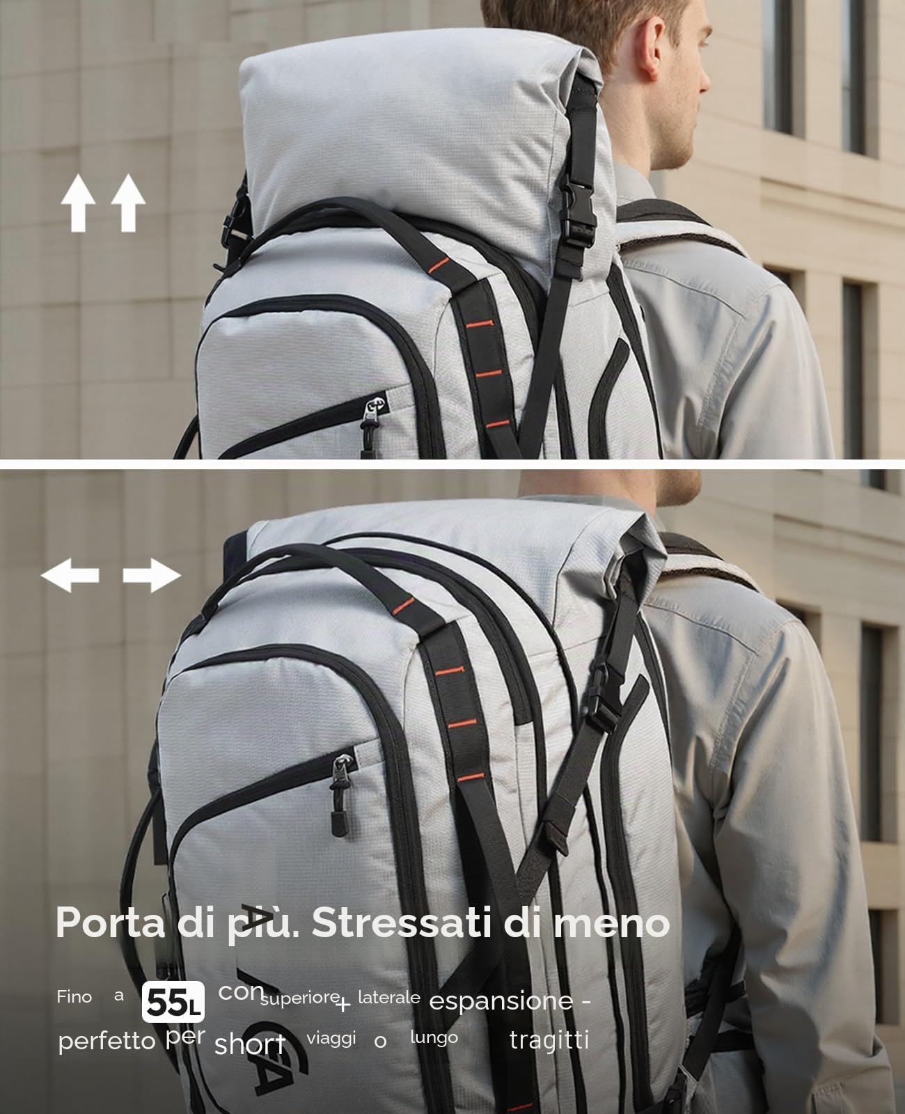 Tolaccea Zaino da Viaggio Espandibile 40L-55L, Bagaglio a Mano Compatibile con TSA, Zaino Rolltop Porta PC fino a 17,3", Grande Zaini Viaggio per Uomo e Donna, Escursioni, Campeggio