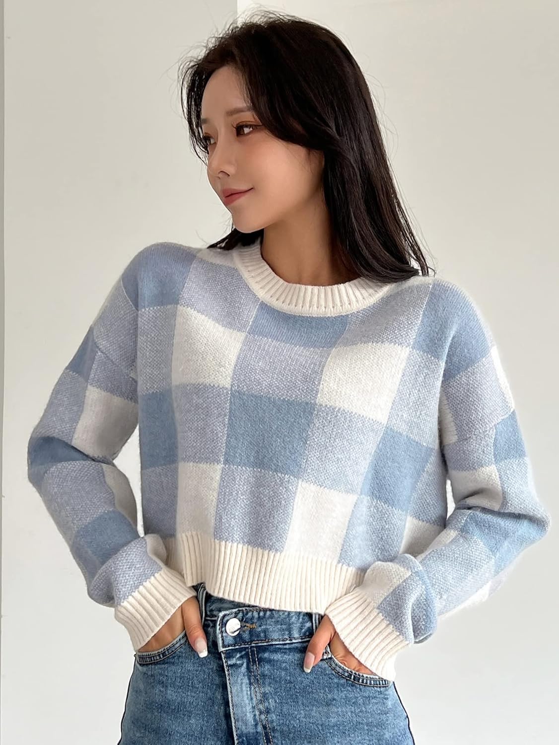 Women's Sweater Buffalo Plaid Pattern Drop Shoulder Sweater Sweater for Women (Color : Blue and White, Size : Medium)