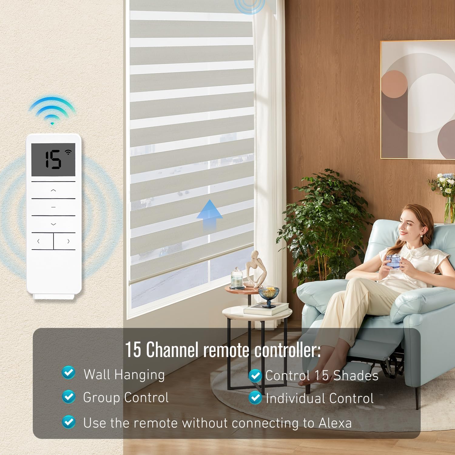 Woman relaxing in a living room with the DC2702 remote, showing features like wall hanging, group control, and individual control