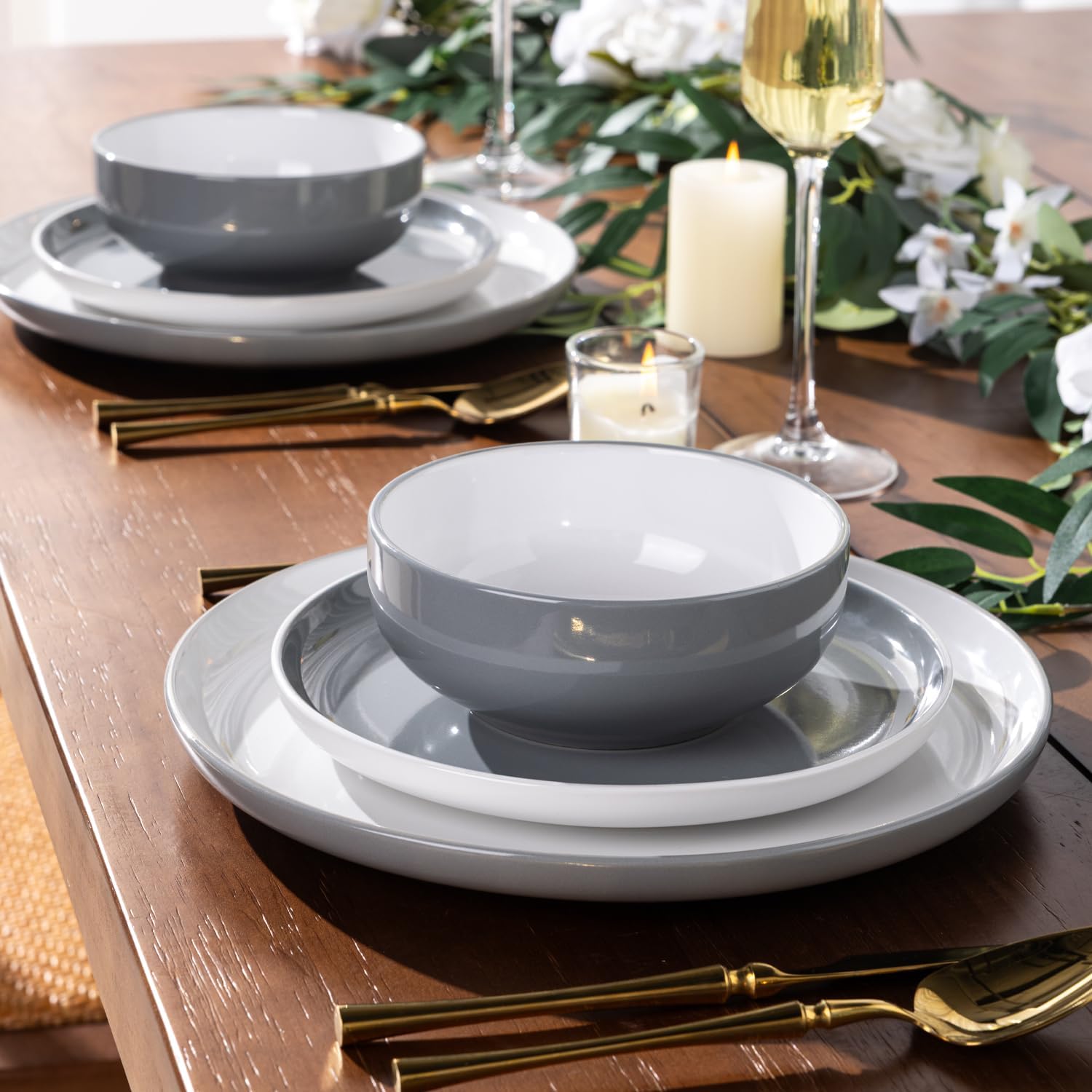 GBHOME 12 Pieces Ceramic Dinnerware Set, Modern White Dish Set for 4，Scratch Resistant Smooth Plates and Bowls Sets，Oven Safe，Microwave & Dishwasher