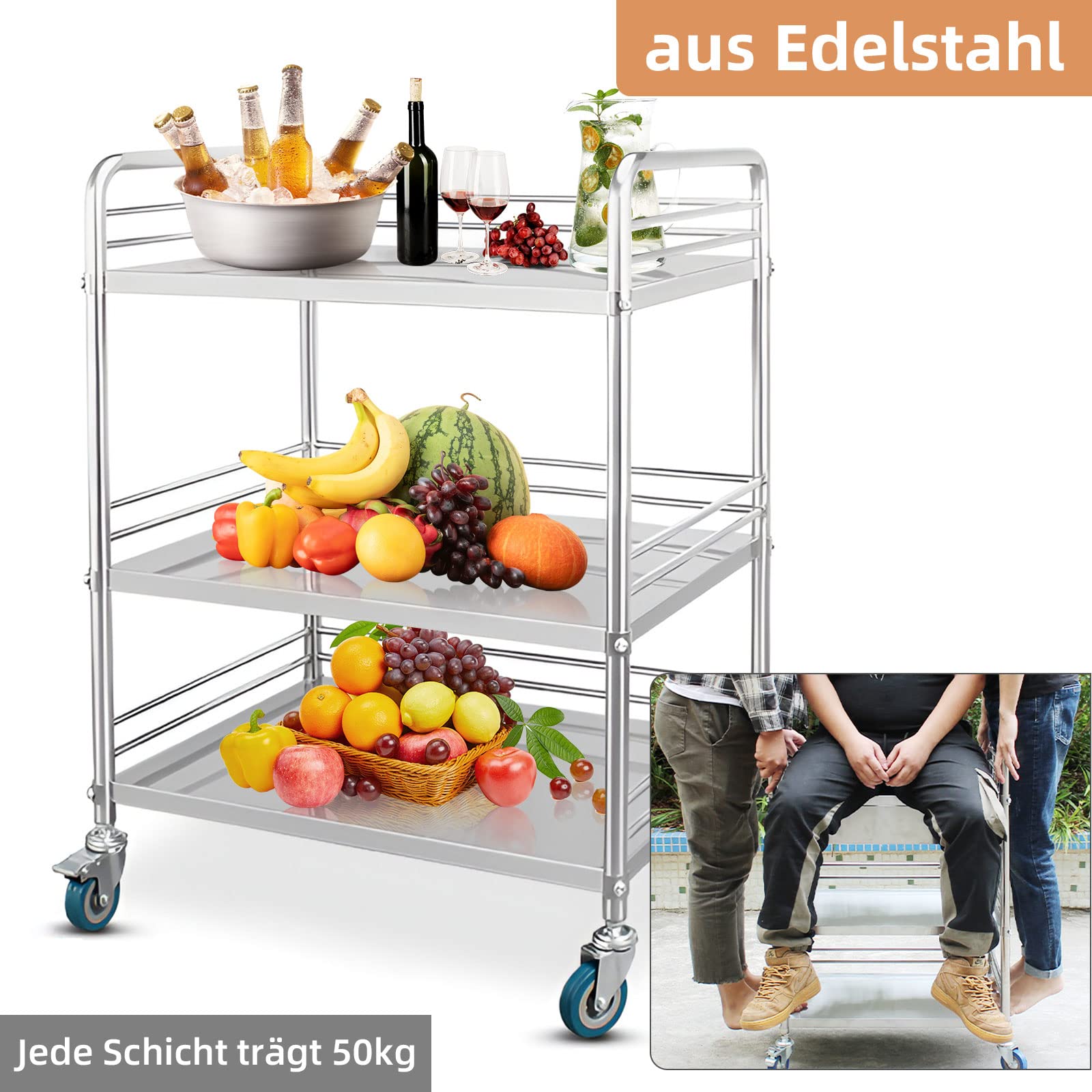 Edelhl - Carrito de servicio de 2 estantes con ruedas lisas con cerradura, capacidad de 150 kg, 81 x 50 x 91 cm, perfecto para restaurantes y uso doméstico, carrito utilitario versátil