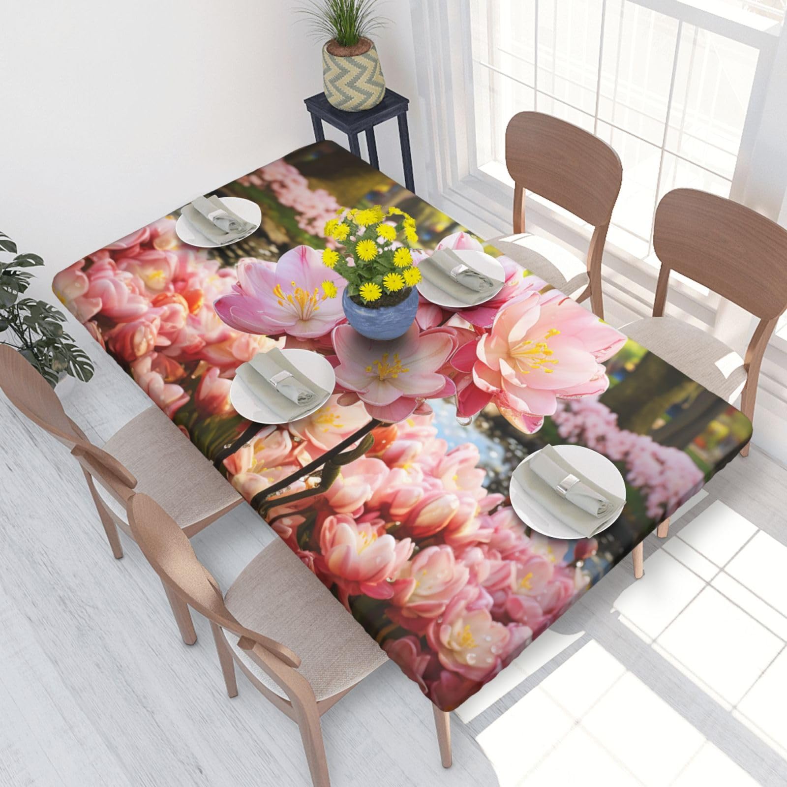 Cherry Blossom And Tulips Waterproof Square Table Cover Elastic Fitted Tablecloth Oil Proof Table Protector For 4ft Table