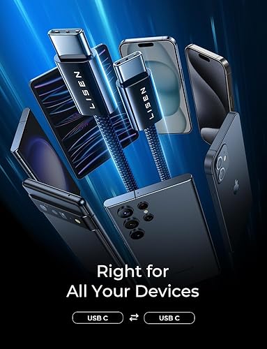Vista 53 de LISEN Cable USB C, paquete de 3 [3.3/3.3/3.3/3.3 pies] USBC a USBC para iPhone 16e 15 Pro Max, cable de carga rápida de 60 W (3.1 A) C a C