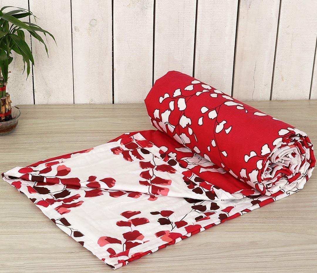 Trance Home Linen Pure Cotton Reversible Dohar Double Bed Size | AC Blanket | Soft Light-Weight Bed Blanket (84 x 88 inch, Red White Leaves, Pack of 1)