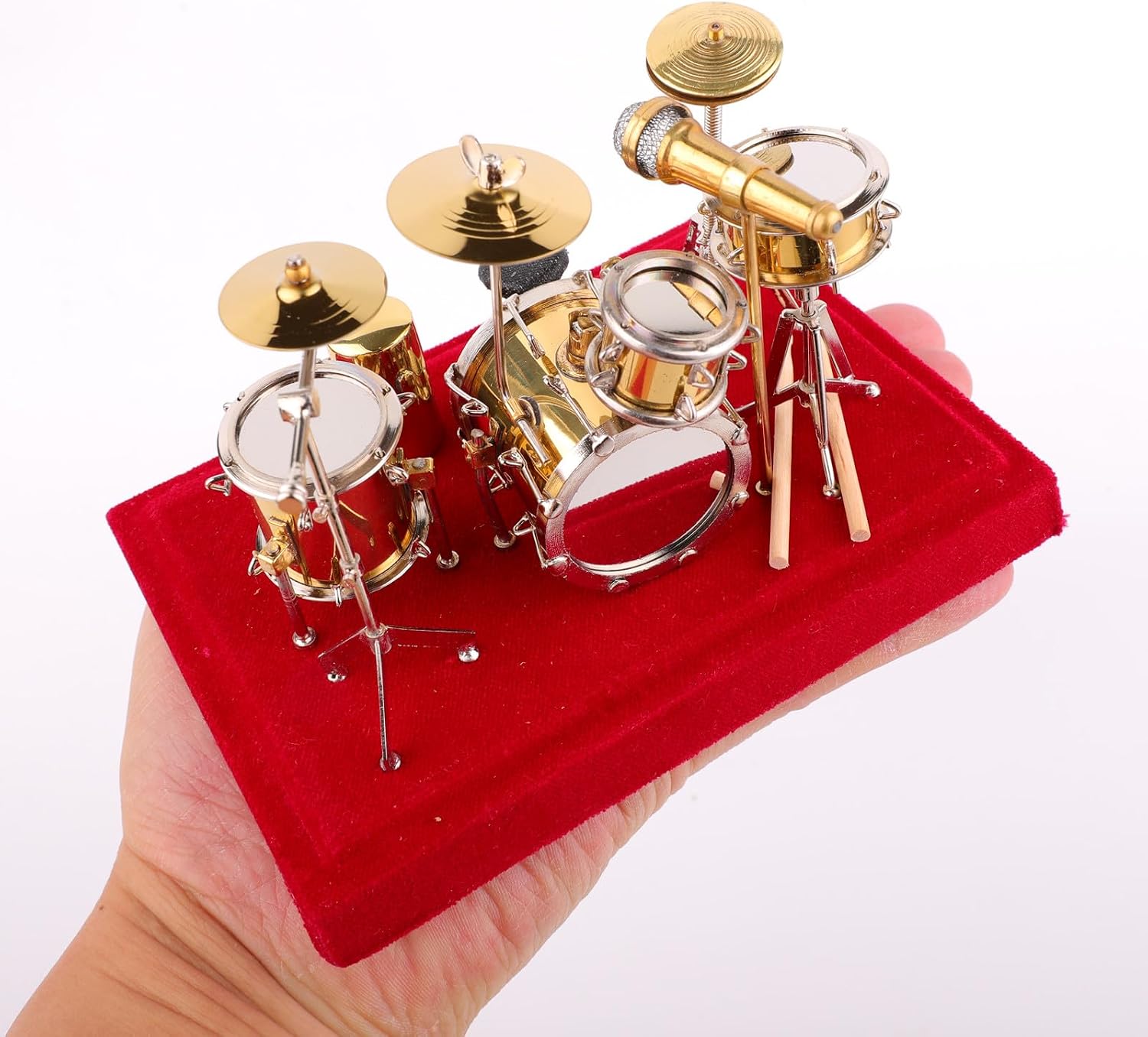 Miniature Drum Set Brass Mini Musical Instrument Drum Set Replica on Stand with Display Cover Collectible Figurines Birthday Gifts Home Decoration Display Ornament Model (5.51"x3.94"x4.33") image 3