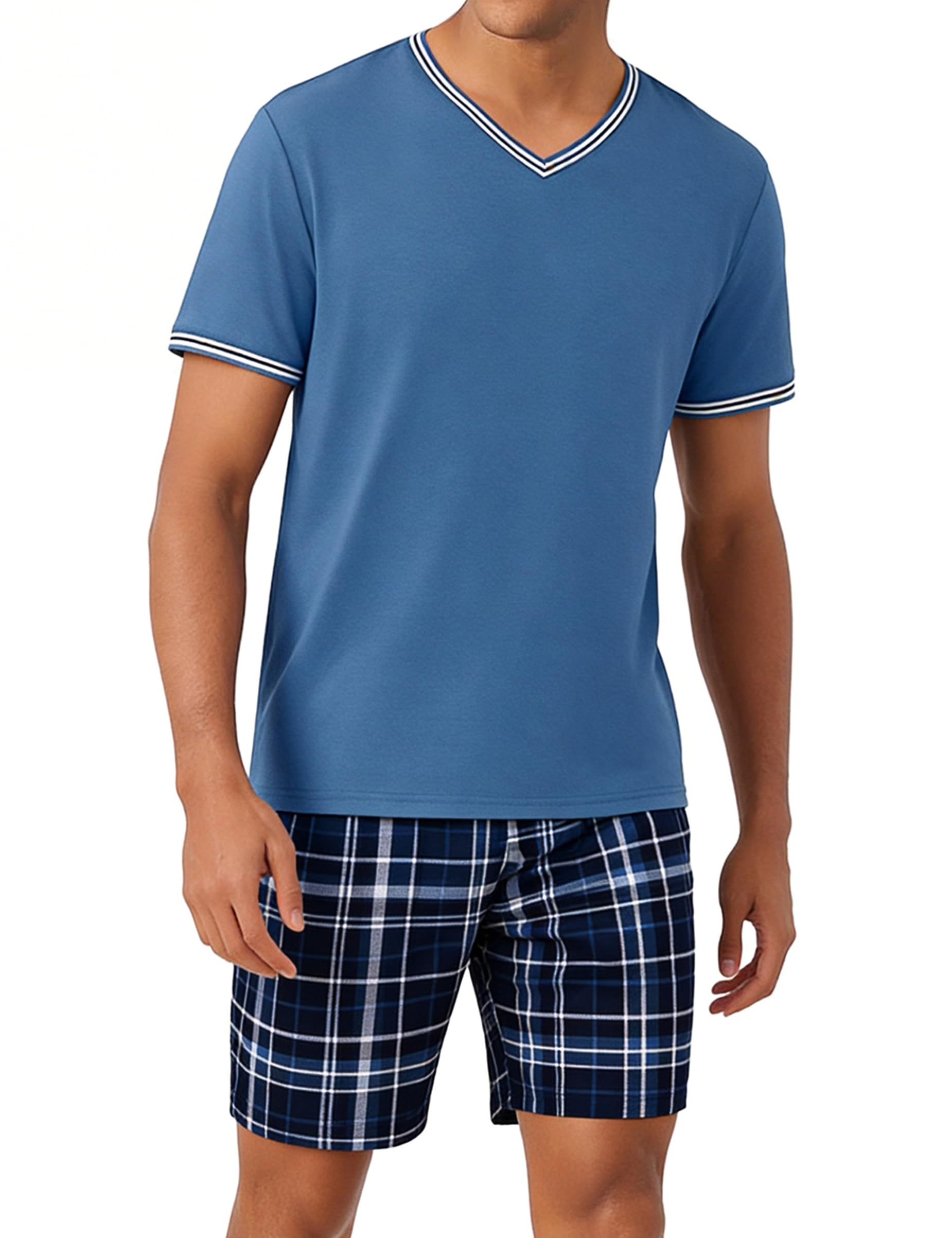 Bresdk Schlafanzug Herren kurz Baumwolle Sommer Pyjama Set Nachtwäsche Kurzarm V-Ausschnitt und Shorty Schlafanzughose