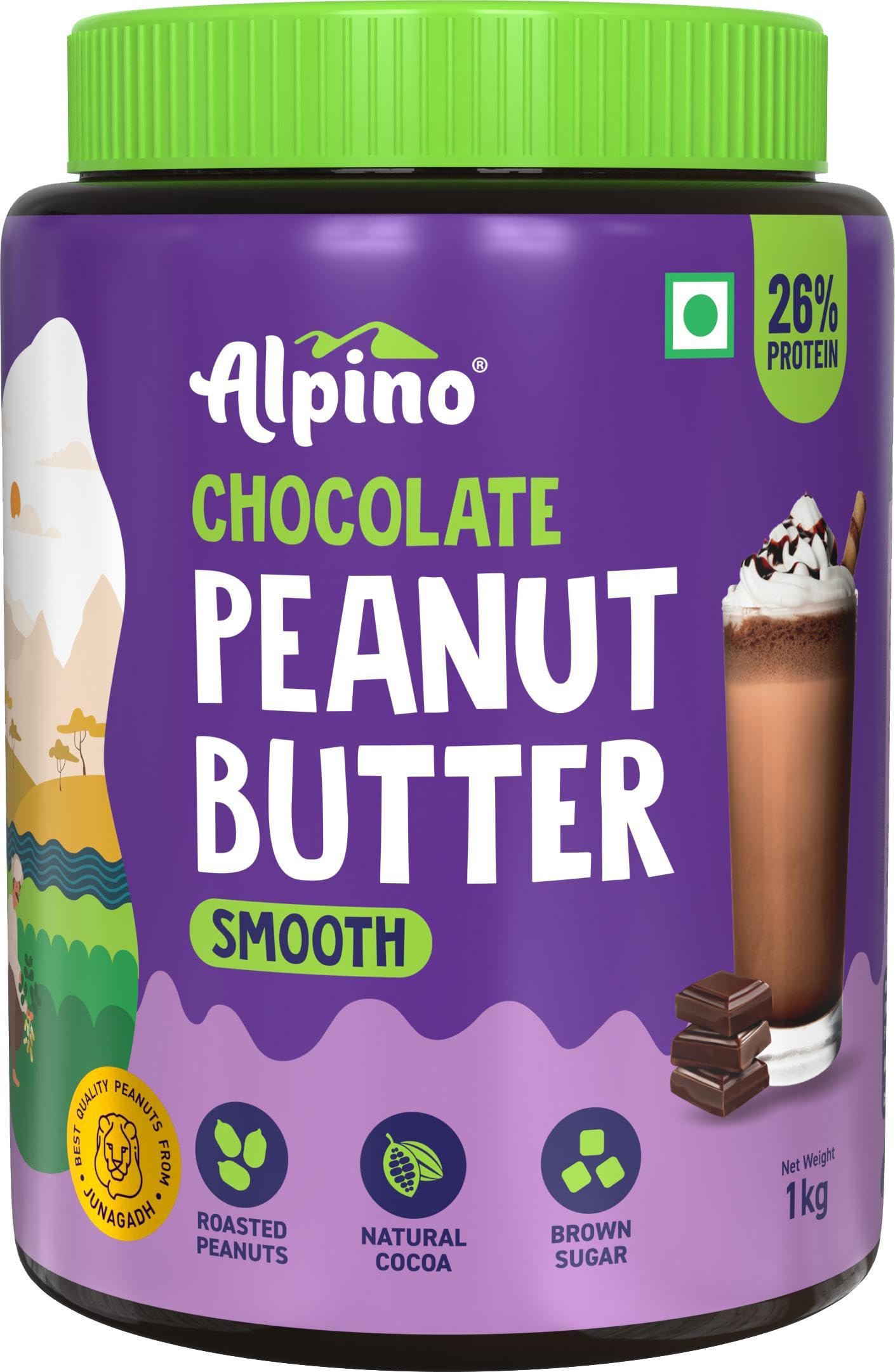 Alpino Chocolate Peanut Butter Smooth 1 KG | Roasted Peanuts, Cocoa Powder & Choco Chips | High Protein Peanut Butter Creamy | Gluten-Free | Vegan